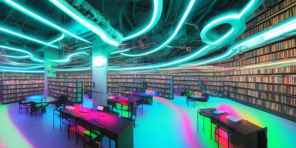 a photo of a cyber punk library with neon lights and futuristic elements